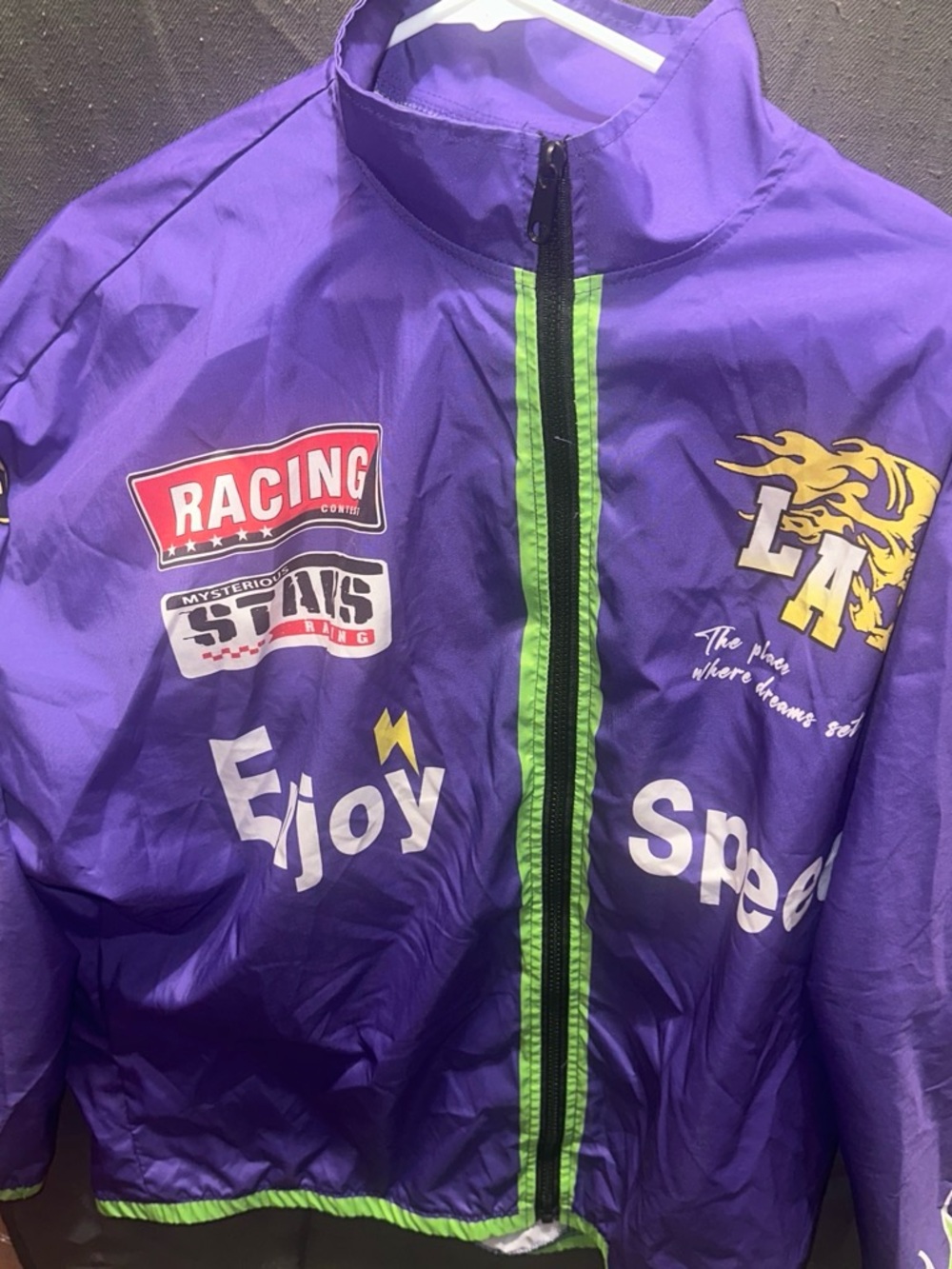 Kids' Purple Racing Graphic Rain Jacket with Green Trim